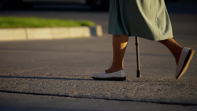 Close-up of a pedestrian's legs in a light skirt and white loafers walking along a quiet sunlit sidewalk, using a cane for support near a curb with green grass in the background