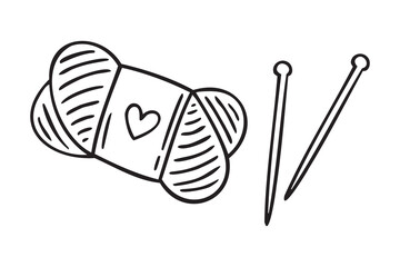 Cozy autumn doodle yarn ball with heart and knitting needles, line art monochrome hand drawn outline