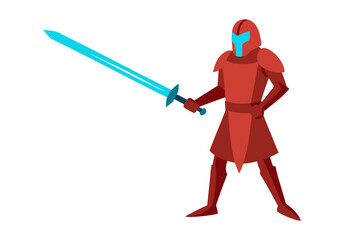 Red armored warrior holding a glowing blue sword on white background