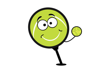 Happy cartoon tennis racket holding a tennis ball with a smile