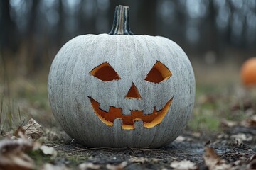Title: Dramatically lit scary pumpkin face with intricate carving details and a sinister glow.