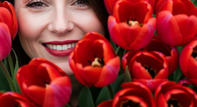 Woman close up smiling. Happy female surrounded by red tulips. Fresh flower background for Spring, Easter, Mother Day.