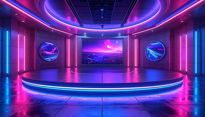 Neon-lit circular stage with a futuristic design