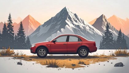 Red car parked in front of snowy mountains