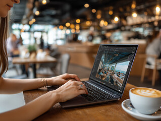 Woman working on laptop while drinking coffee in cafe