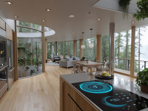 Modern kitchen island with futuristic induction hob overlooking forest