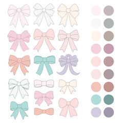 Cute pastel bow clipart collection featuring 16 stylish ribbon designs with soft color palettes. Perfect for crafts, invitations, stickers, scrapbooking, and digital projects.