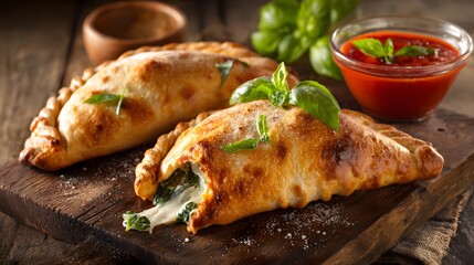 Delicious homemade calzones presenting tomato sauce