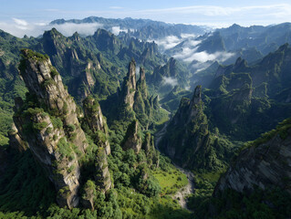 Fototapeta premium Shennongjia mountain peaks reaching through clouds in china