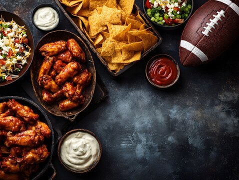 game day snacks football-themed food spread on the left with snacks wings nachos dips on a table leaving copy space on the right