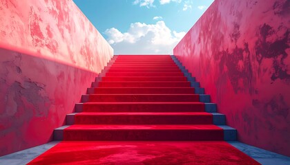 Red carpet stairs leading to a bright sky