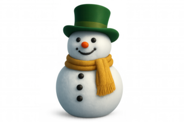 Snowman wearing green top hat and yellow scarf, celebrating winter holidays, festive cutout, transparent background