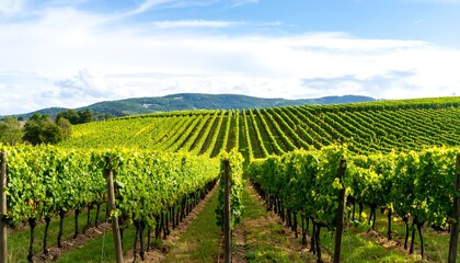 Fototapeta premium Lush vineyard rows stretch to a distant hill under a partly cloudy sky