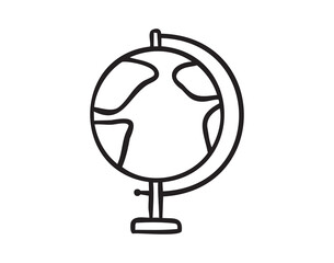 Desk globe, geography study icon, line art school doodle, outline contour, monochrome, hand drawn