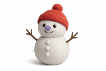Snowman character wearing red knitted hat representing winter christmas holidays and festive season, transparent background
