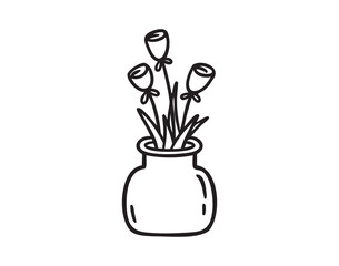Vase with three roses, sweet floral doodle, line art outline contour, monochrome, hand drawn