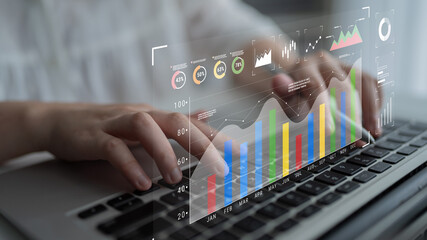 A business data analysis and performance monitoring dashboard. A collection of charts and graphs for strategic review and company evaluation. Motif