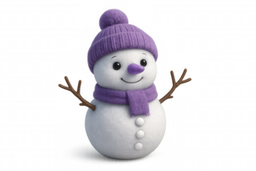 White snowman with purple knitted hat and scarf symbolizing winter holidays and christmas joy