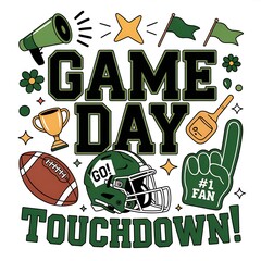 Green and gold American football game day touchdown graphic with helmet, ball, and fan items image photo