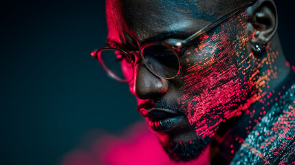 A man in glasses surrounded by colorful lights and digital data in a futuristic virtual reality setting, floating above Earth