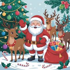 Santa Claus with reindeer and Christmas tree in snowy landscape Keywords: santa claus, christmas, reindeer, santa, claus, christmas tree, gifts
