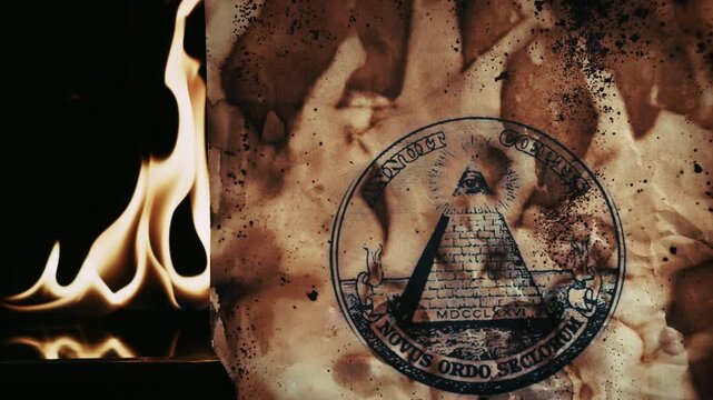 The Eye of Providence Illuminati Symbol on Old Parchment and Burning Fire Flames Like Hell
