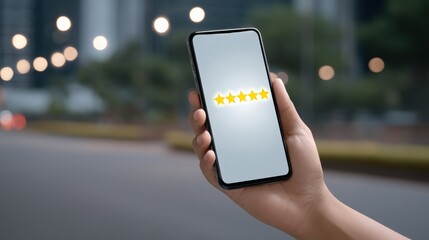 E-commerce A hand holds a smartphone displaying five stars, symbolizing high ratings or reviews.