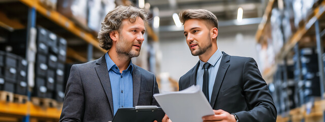 Two men in suits discussing production data in a warehouse filled with black boxes and white screens