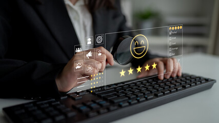 Customer feedback and satisfaction rating system showing star review, happy face, performance...
