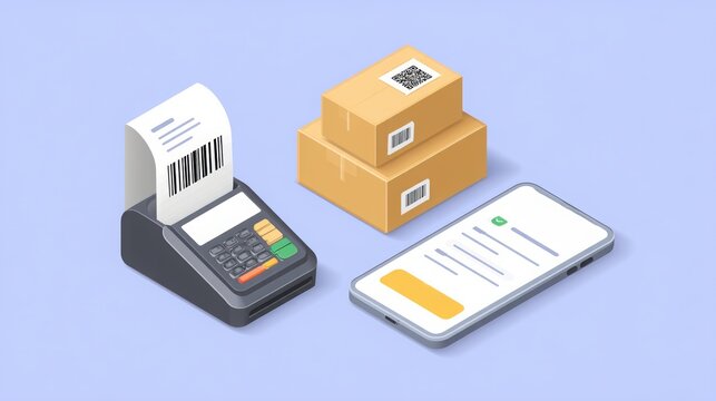 E-commerce Payment terminal, packages, and a smartphone with a receipt, depicting modern commerce and shipping processes.