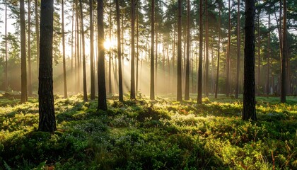 Fototapeta premium Sunlight streams through a misty pine forest