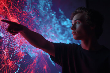 A young man interacts with a holographic world map on a screen, surrounded by red and blue lights, flowing data, against a dark purple backdrop