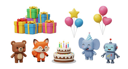 Obraz premium A delightful collection of 3D birthday party clip art for a joyful children's celebration isolated on a transparent background
