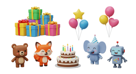 A delightful collection of 3D birthday party clip art for a joyful children's celebration isolated on a transparent background