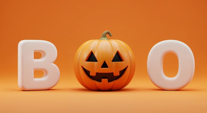 Halloween boo text with a jack-o'-lantern on an orange background. - Powered by Adobe