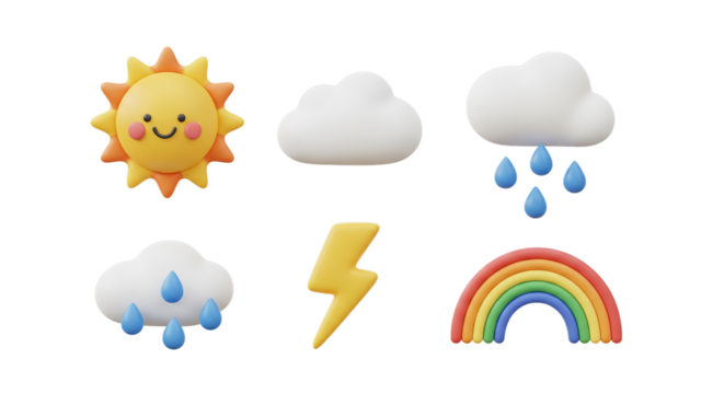 A delightful collection of cute 3D weather forecast icons featuring a smiling sun and colorful rainbow isolated on a transparent background