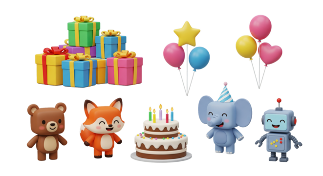 A delightful collection of 3D birthday party clip art for a joyful children's celebration isolated on a transparent background