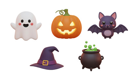 A festive collection of cute 3D Halloween icons featuring a ghost and glowing pumpkin for a spooky celebration isolated on a transparent background