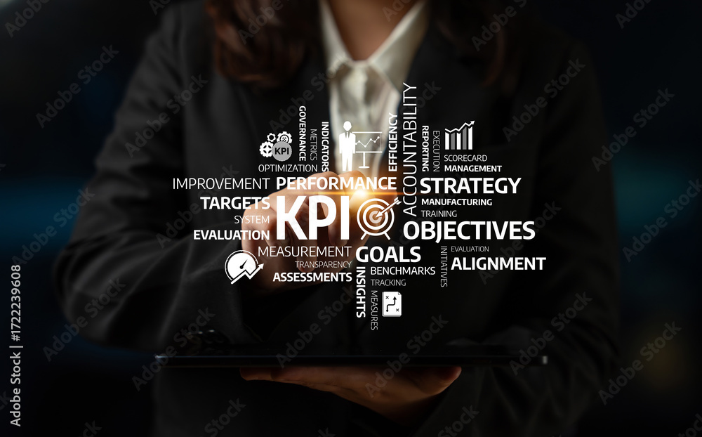 Poster a business professional displays key performance indicators on a digital tablet, emphasizing metrics