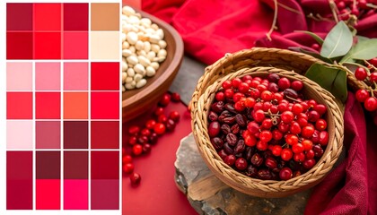 Red color palette and berries in wooden bowls