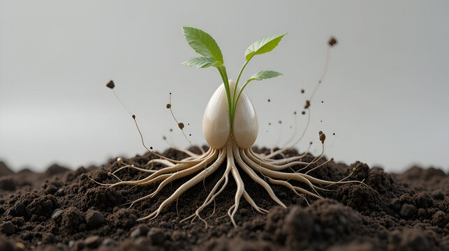 A captivating 3D model of a seed nestled in fertile soil with roots starting to develop, representing the potential for growth  ,3D style