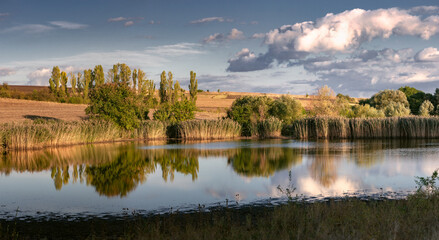 Obraz premium Laconic landscape on the shore of a reservoir. Fishing, quiet corner. Cumulus clouds covered the lake.Reservoir in the countryside.