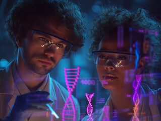 Two researchers collaborate on colorful DNA structures on an interactive display in a lab at night. The screen reads "4089."