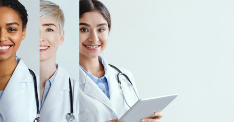 A collage displays a group of medical professionals including a woman and a man of Asian and Black descent, highlighting their dedication to healthcare and teamwork.