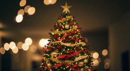 Festive Christmas Tree: A beautifully adorned Christmas tree, resplendent with ornaments and twinkling lights, stands as a symbol of holiday cheer and seasonal festivity, evoking warmth and nostalgia.