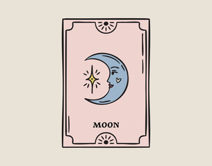 Tarot card moon with smiling face, dreamy celestial arcana, hand drawn