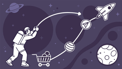Obraz premium Astronaut guiding rocket through space with shopping cart planets