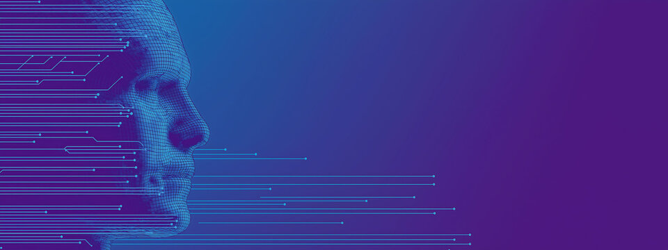 Silhouette of human head with circuit lines on gradient blue and purple background in modern business style - Powered by Adobe