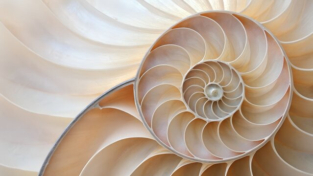 Macro view of seashell patterns transforming into geometric spirals, pastel tones, modern minimalist wallpaper aesthetic