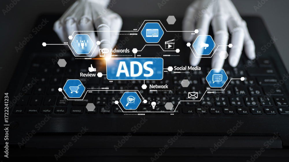 Poster a close-up view of hands typing on a laptop keyboard surrounded by digital marketing icons illustrat